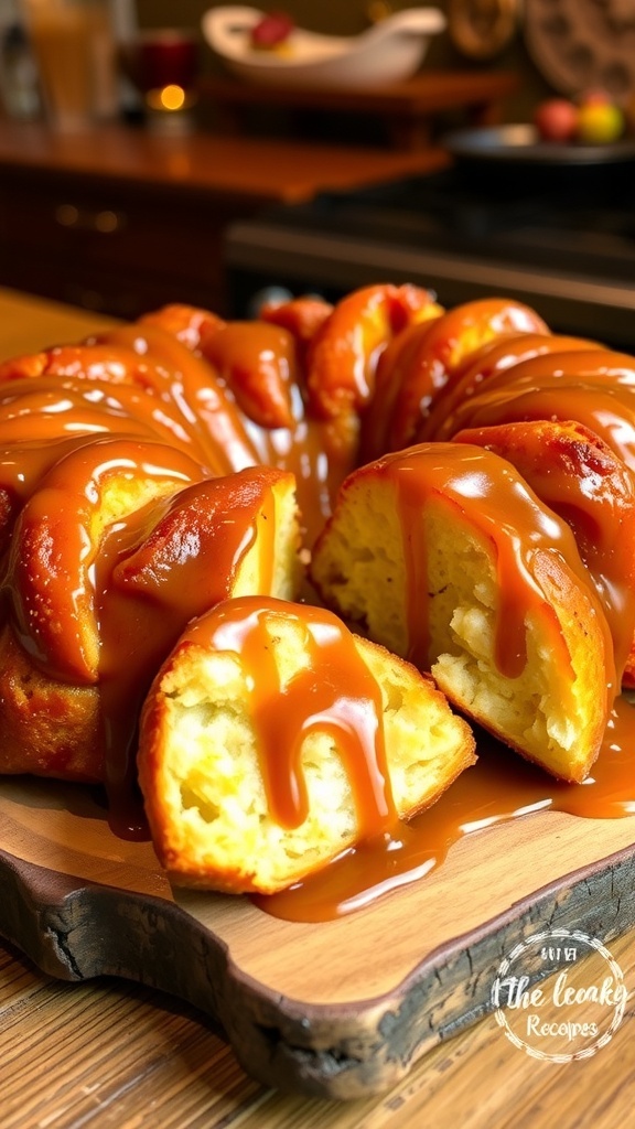 A delicious monkey bread drizzled with butterscotch sauce on a wooden platter.